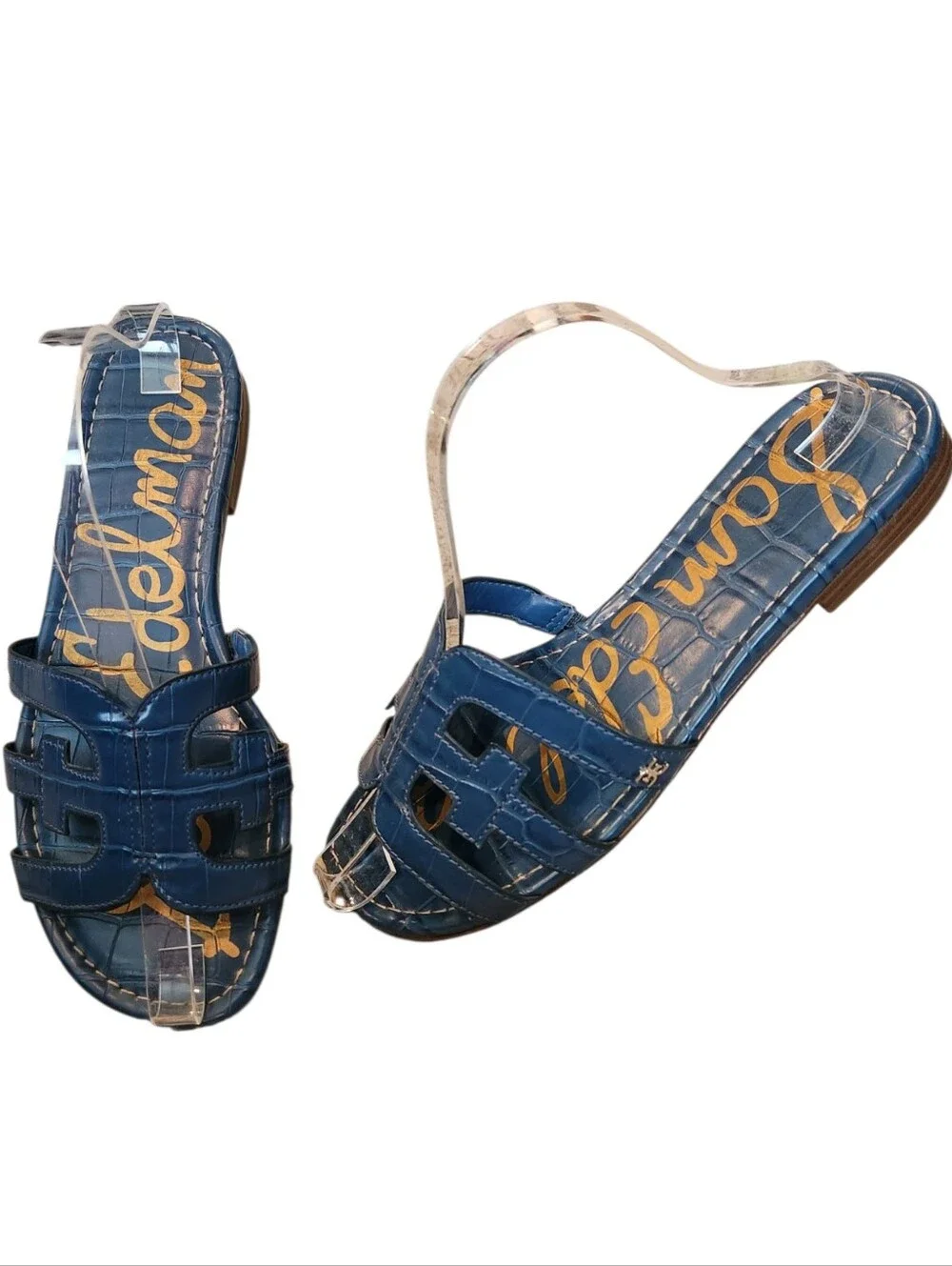 Sam Edelman Bay Slide Sandals Blue Size 8.5 Croc Embossed Leather Cutout Flats